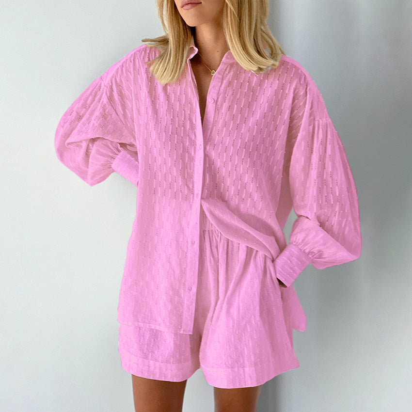 Women's Set Blouse and Shorts – Loose Fit – Textured Fabric – Puff Sleeves