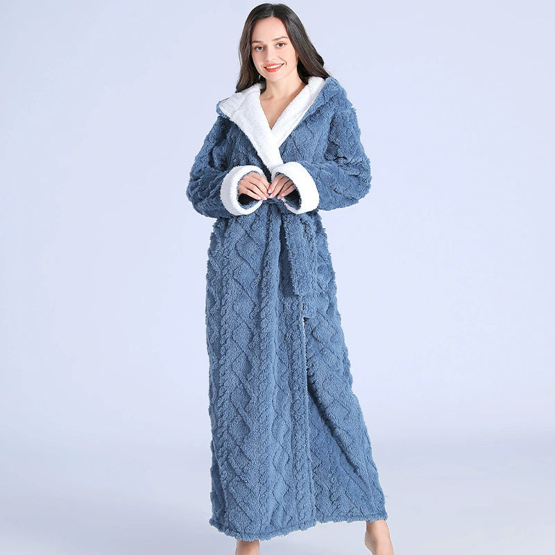 Plush Cable-Knit Hooded Sherpa-Trim Bathrobe