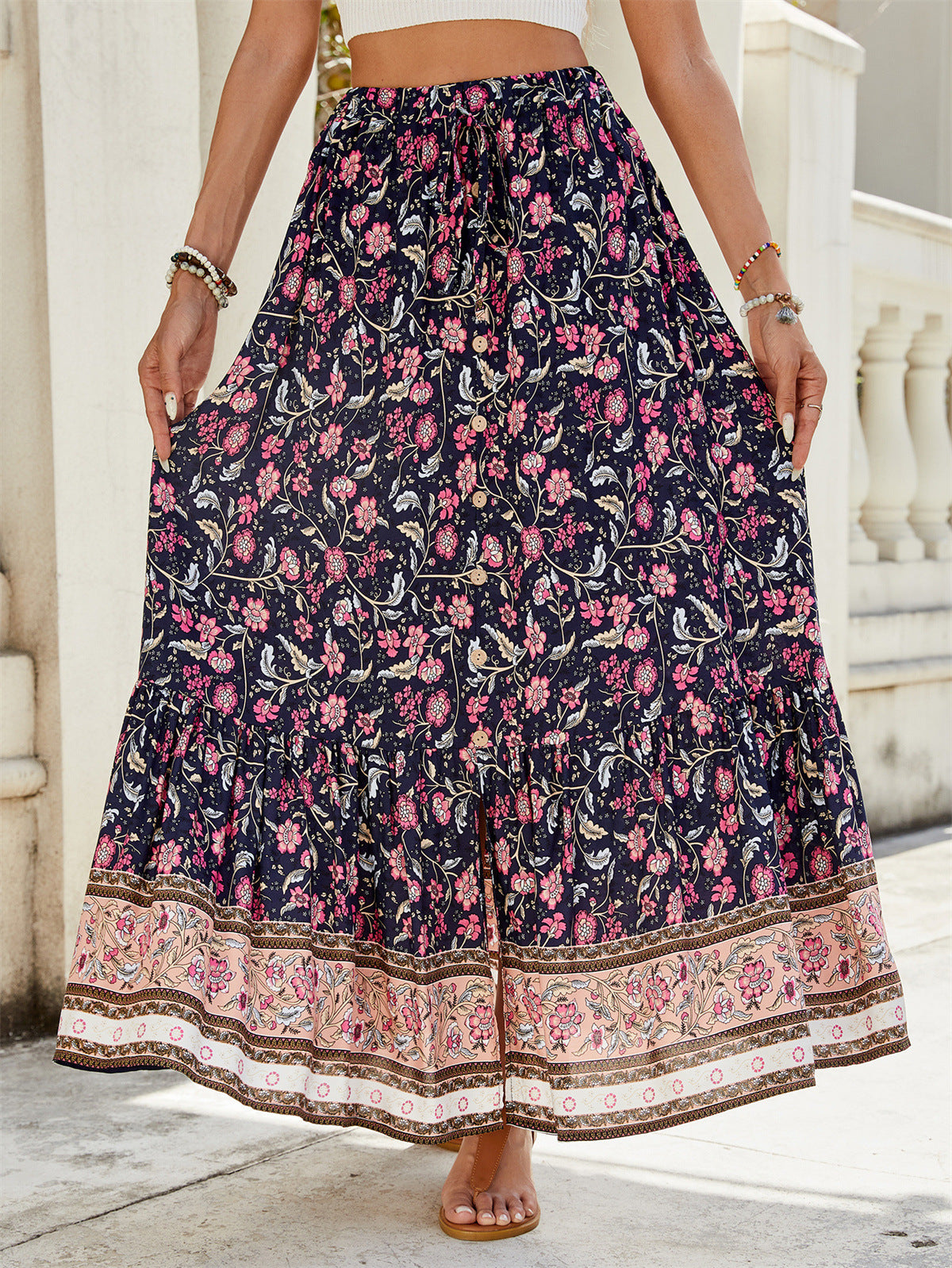 Women's long skirt – Fluid cut – Bohemian style – Floral print – Natural fibers