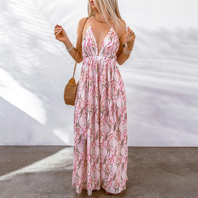 Women's long dress – Floral print – Thin straps – V-neckline – Breathable fabric