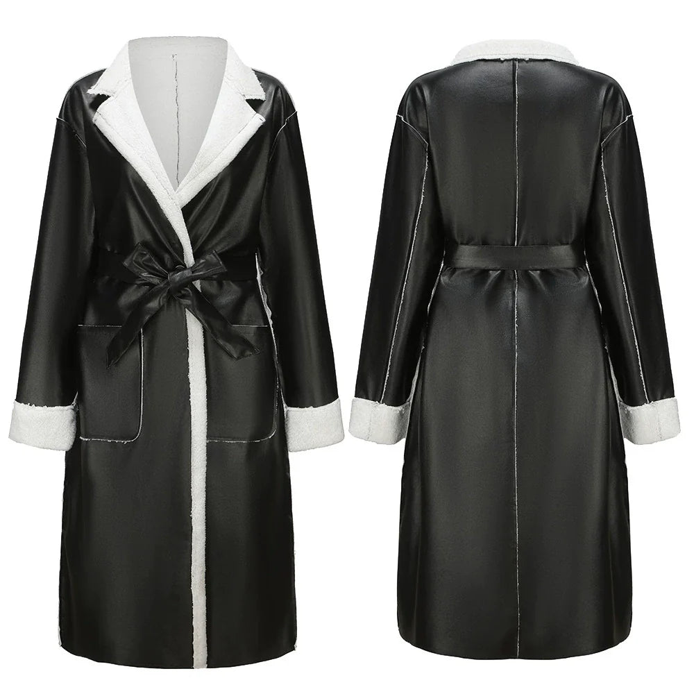 Women's Long Coat - Faux Leather - Oversized Cut - Lapel Collar - Waist Belt