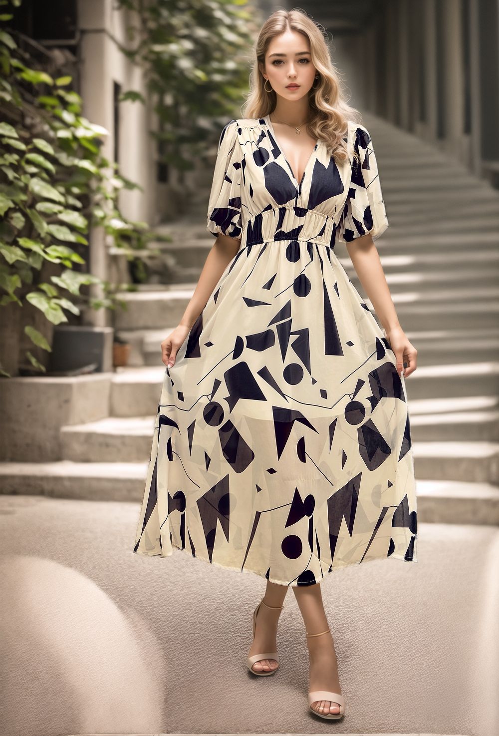 Women's midi dress – Fitted waist – V-neck – Puff sleeves – Breathable fabric – Printed