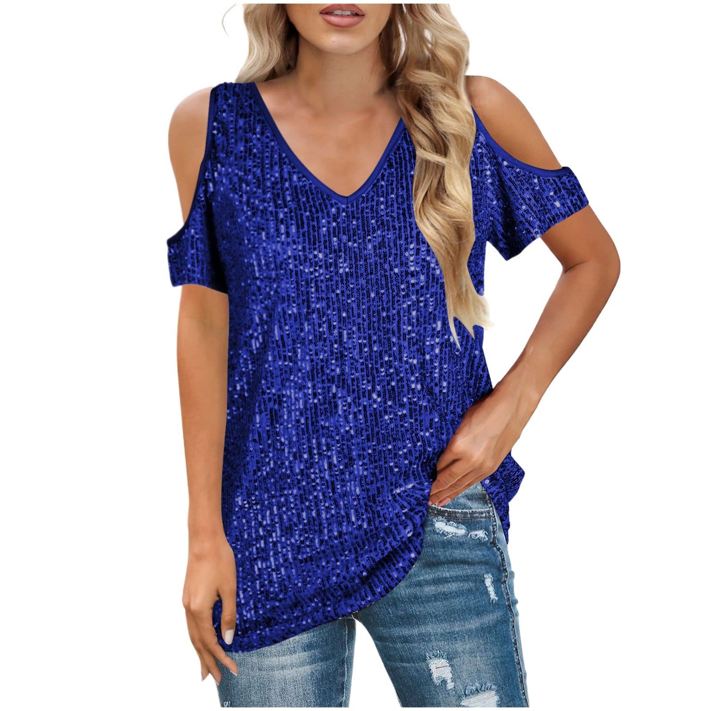 Women's V-neck top – Loose fit – Bare shoulders – Front with shiny sequins