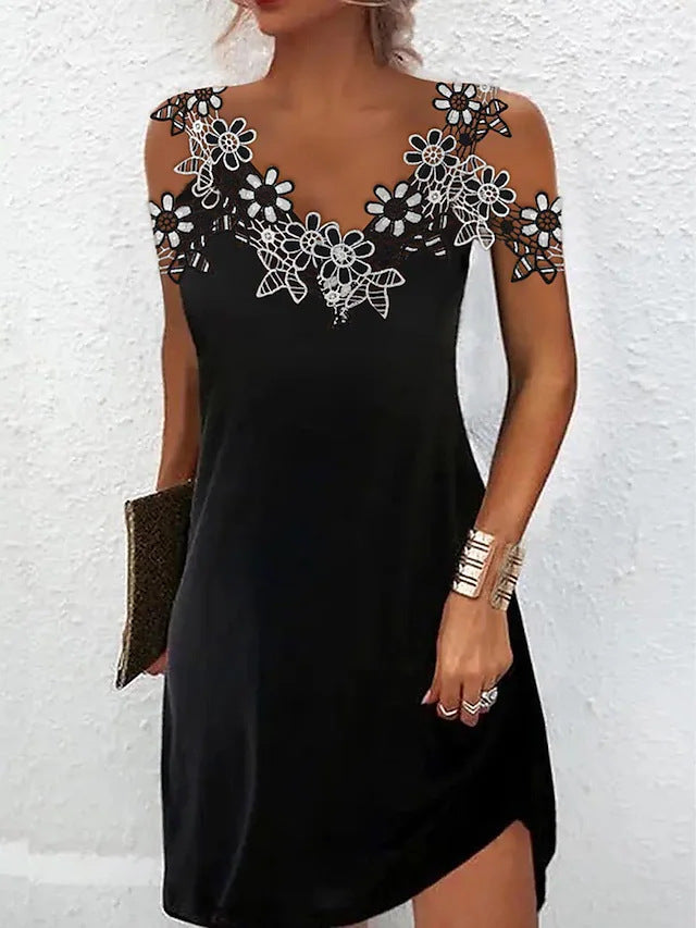 Mini dress for women – Fitted cut – Embroidered lace – Sleeveless – Lightweight fabric
