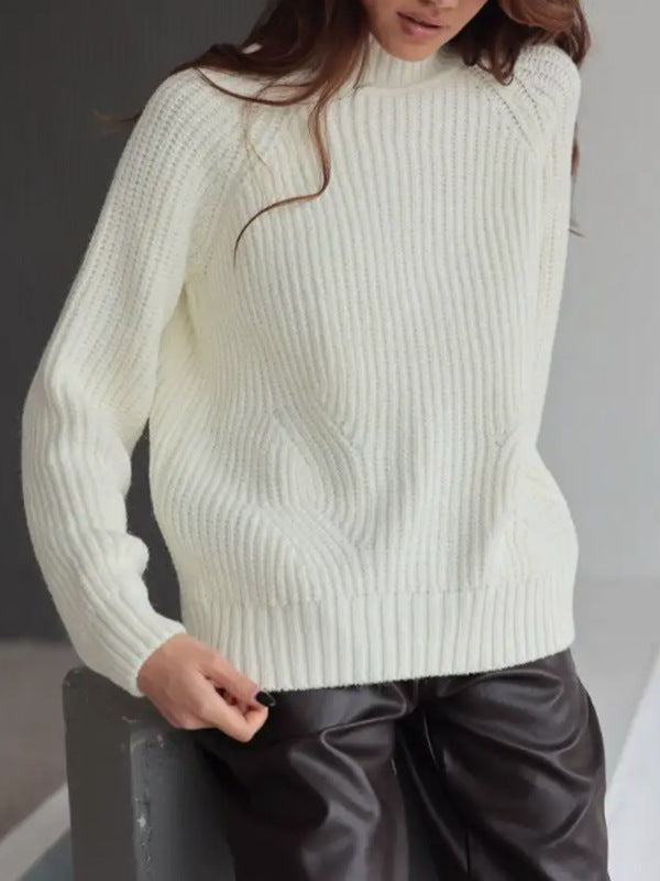 Pull femme – Maille douce – Coupe droite ample – Col montant – Manches raglan côtelées