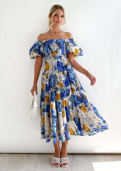 Women's long dress – Bare shoulders – Smocked bustier – Puff sleeves – Breathable fabric
