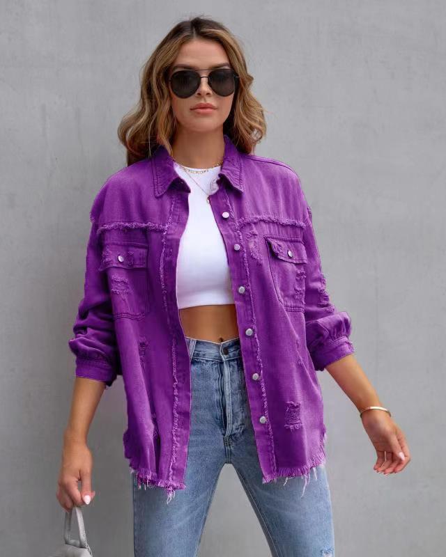 Veste en jean femme – Coupe oversize – Longueur mi-longue – Détails usés et effilochés