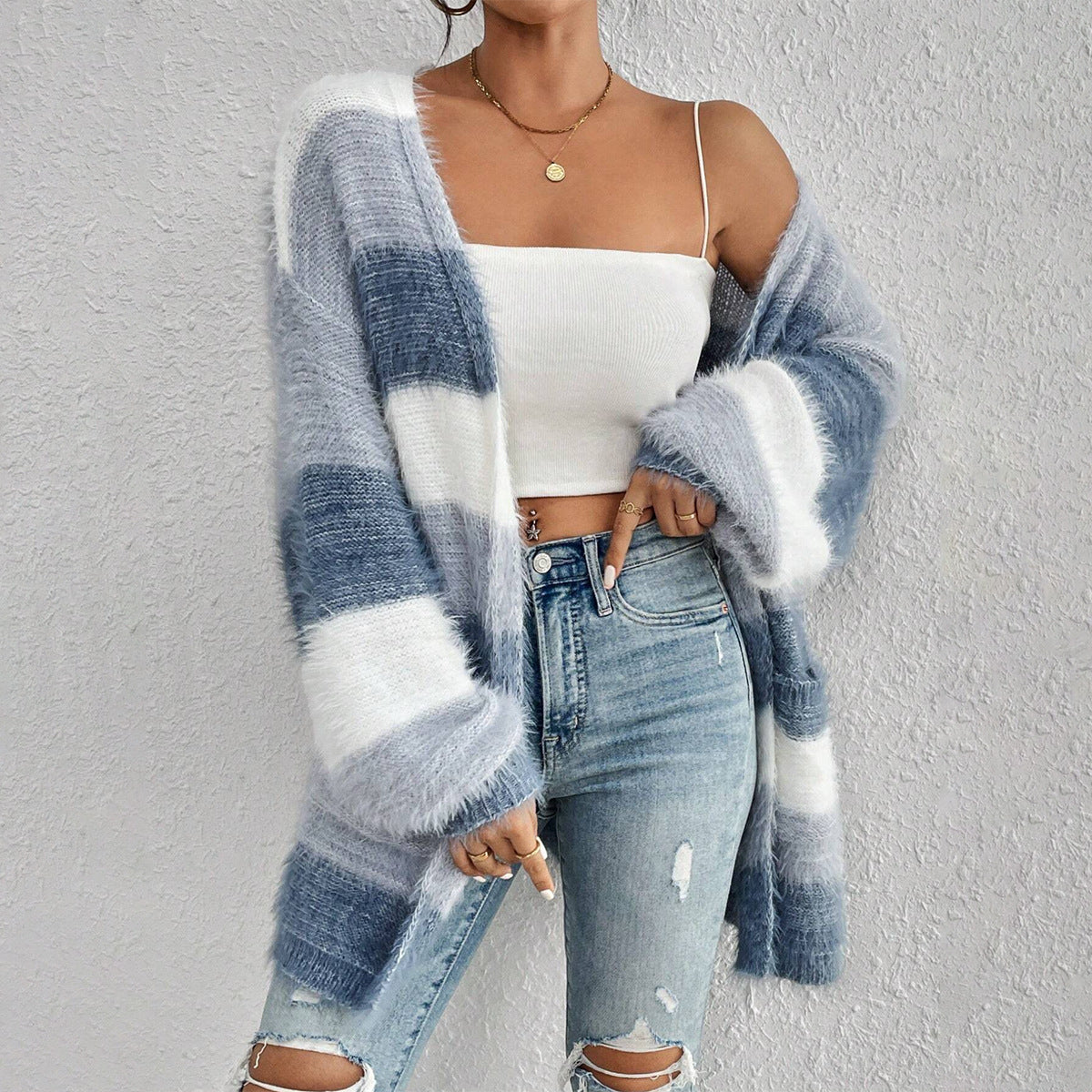 Gilet en maille femme – Coupe oversize – Manches longues – Ouverture frontale rayée