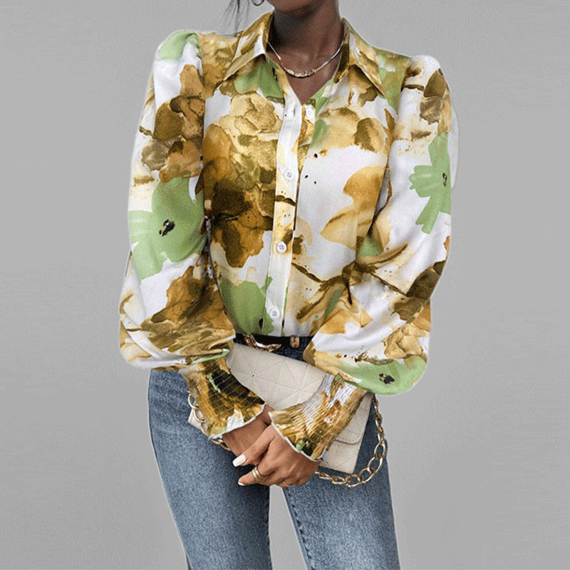Chemise femme – Coupe oversize – Manches bouffantes – Imprimé fleuri – Poignets smockés