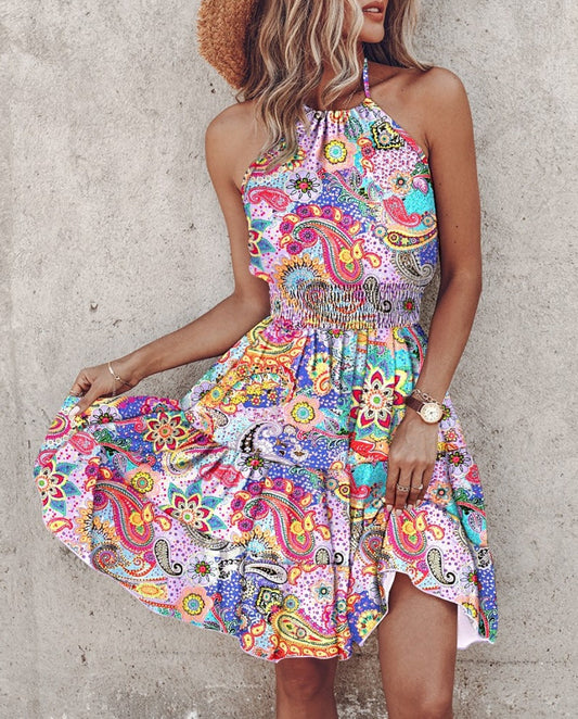 Backless women's dress – Fluid cut – Cotton – Floral and paisley patterns – Midi length