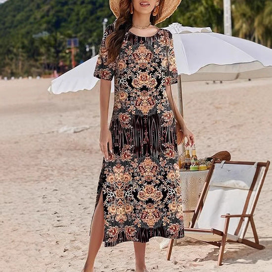 Women's long dress – Fluid cut – Floral print – Short sleeves – Breathable fabric