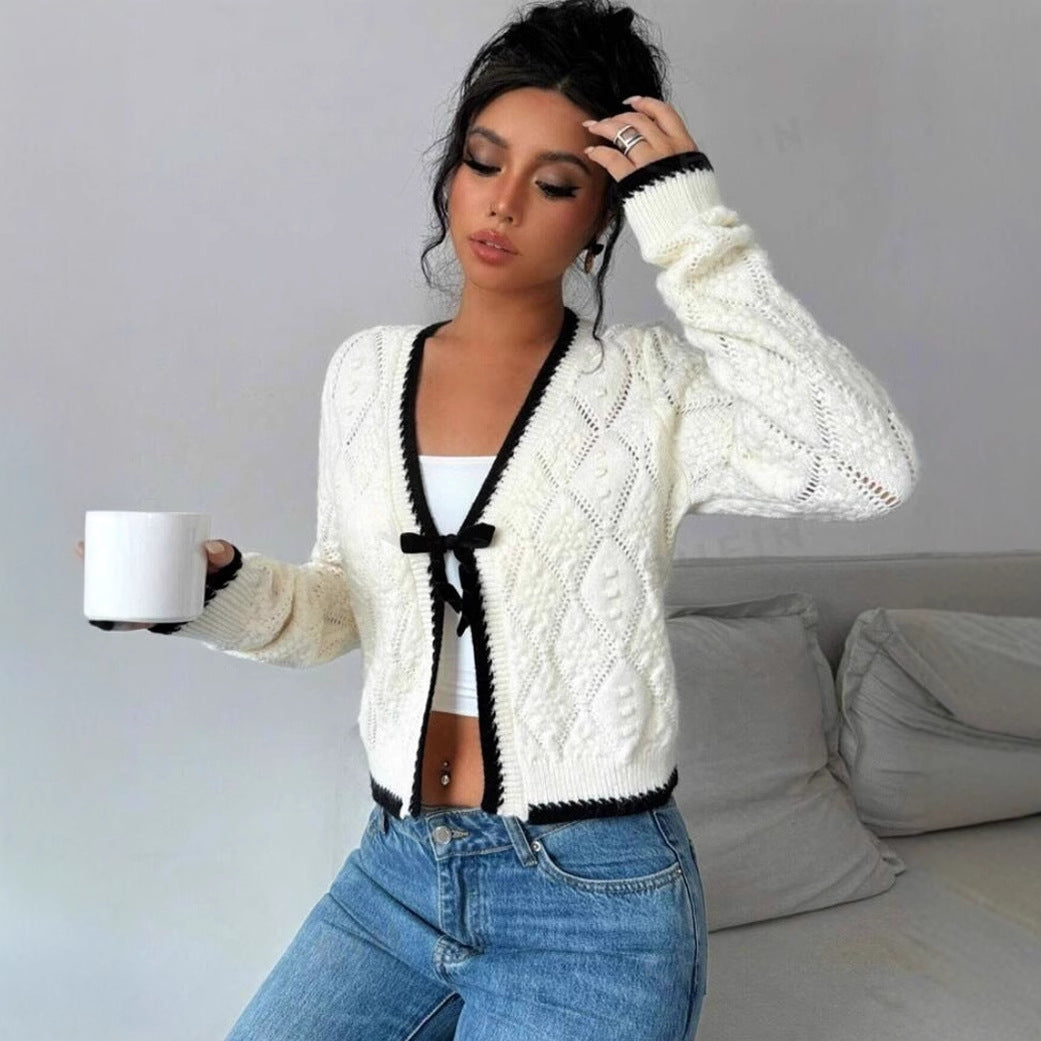 Cardigan Femme – Coupe Courte – Manches Longues – Nœud Devant