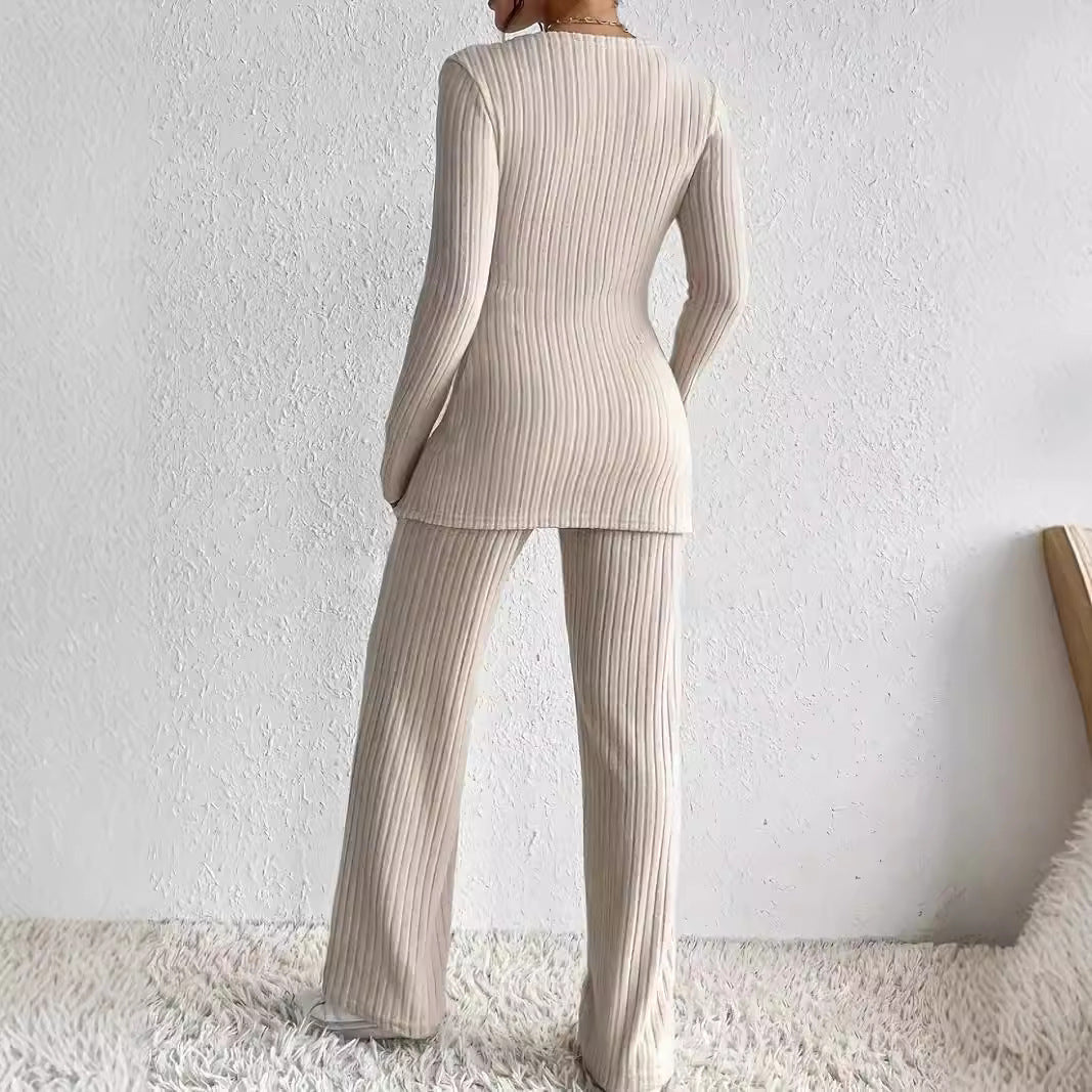 Ensemble Femme – Maille Côtelée – Haut Cache-Cœur Manches Longues – Pantalon Droit