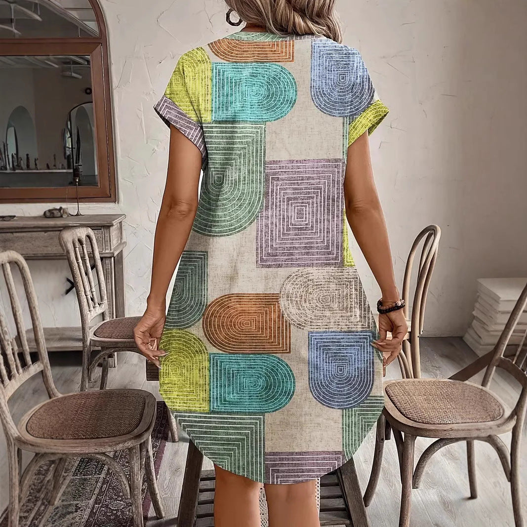 Women's V-neck Dress – Loose Fit – Short Sleeves – Buttoned – Breathable Fabric