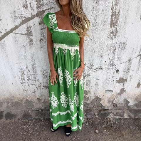 Women's long dress – Breathable fabric – Square neckline – Flutter sleeves – Smocked waist