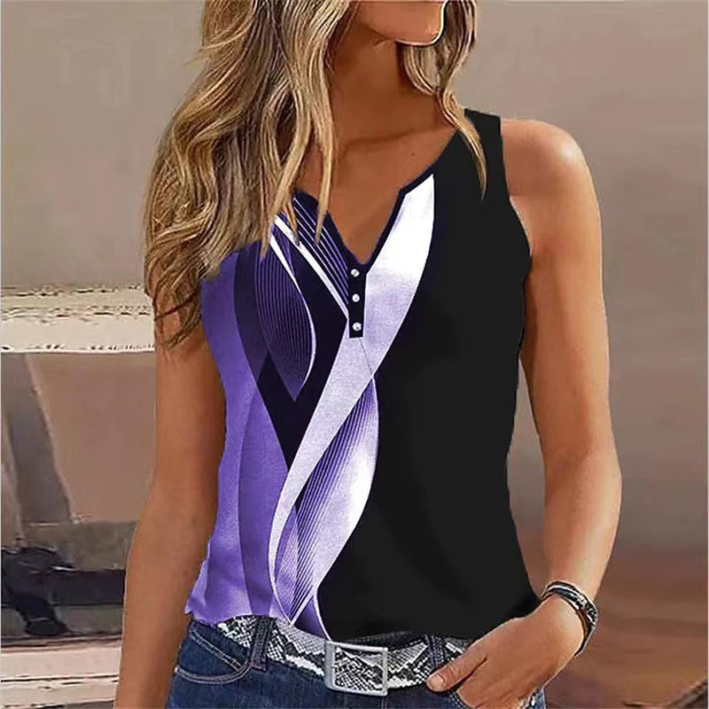 Women's sleeveless top – V Neck – Flowy cut – Decorative buttons – Breathable fabric