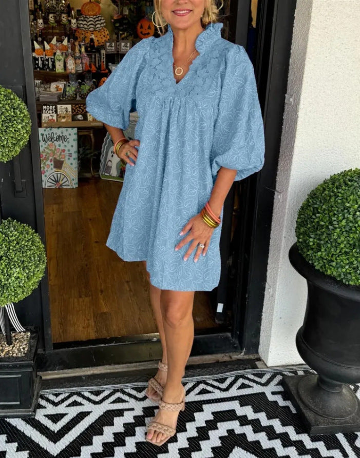 Robe courte femme – Coupe évasée fluide – Broderie bohème – Manches ballon