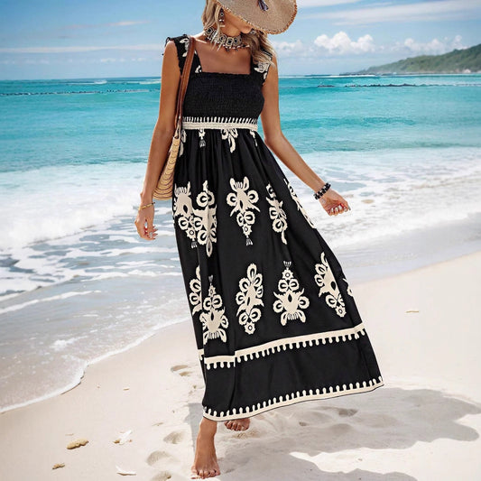 Women's long dress – Smocked bustier – Wide straps – Printed flowing cut