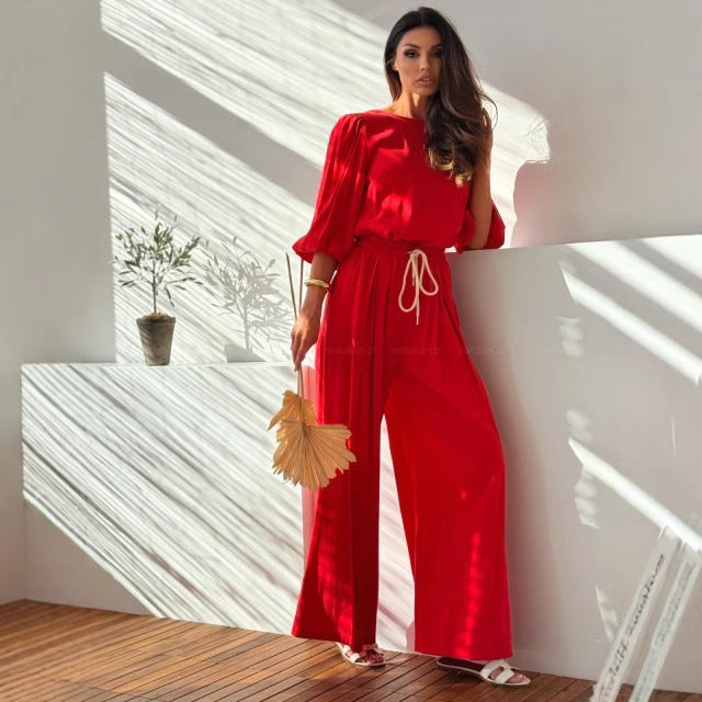Women's Two-Piece Set – Loose Long-Sleeve T-Shirt Back Knot – Wide Pants Elastic Waistband