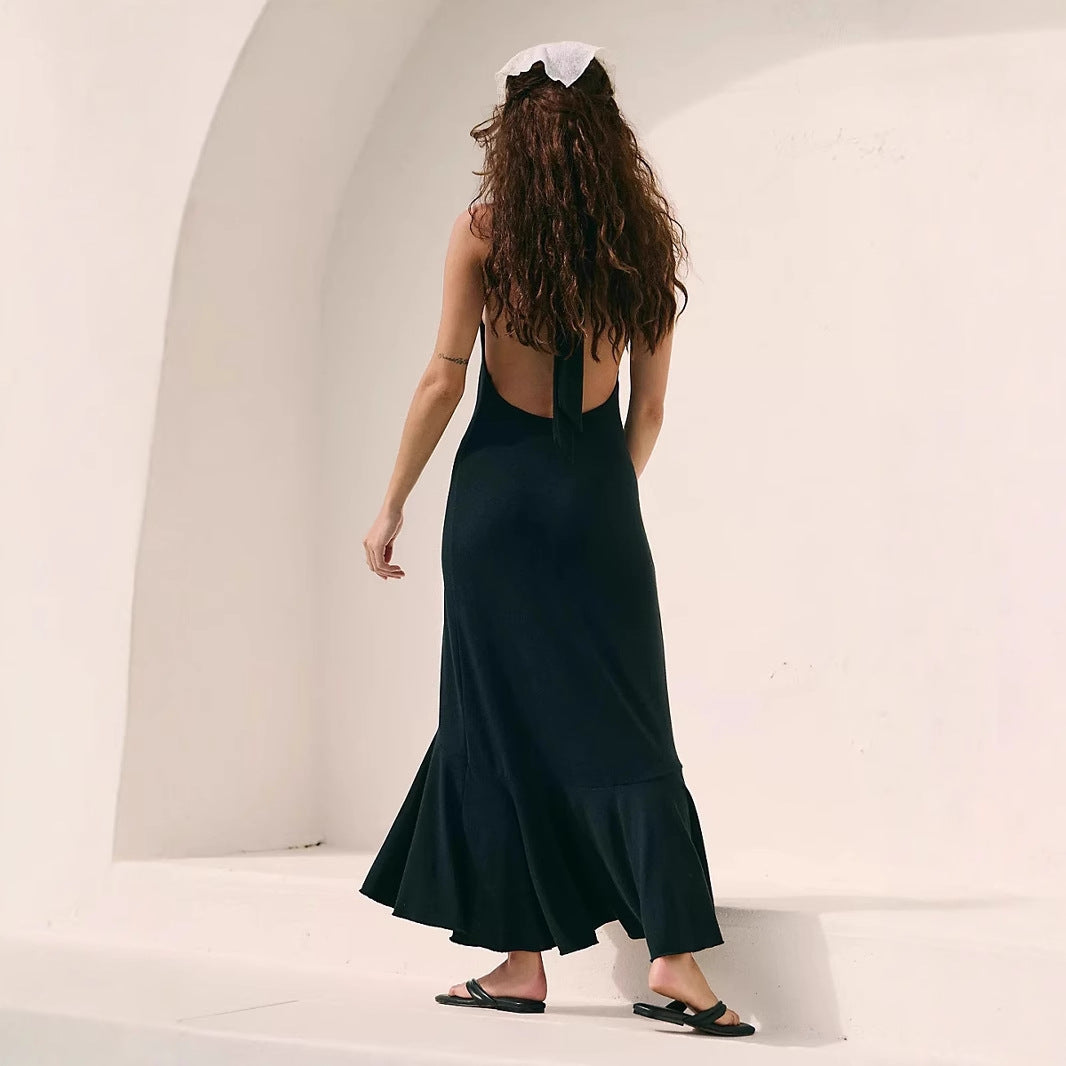 Robe longue femme – Coupe fluide – Décolleté en V – Halter – Ourlet asymétrique
