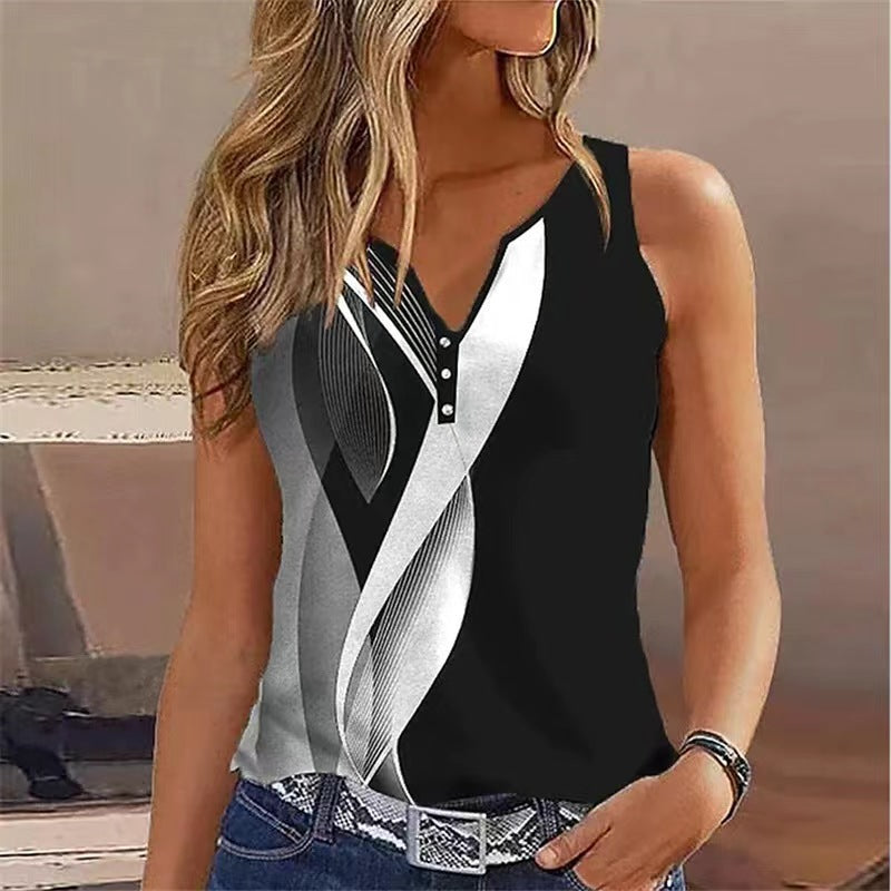 Women's sleeveless top – V Neck – Flowy cut – Decorative buttons – Breathable fabric