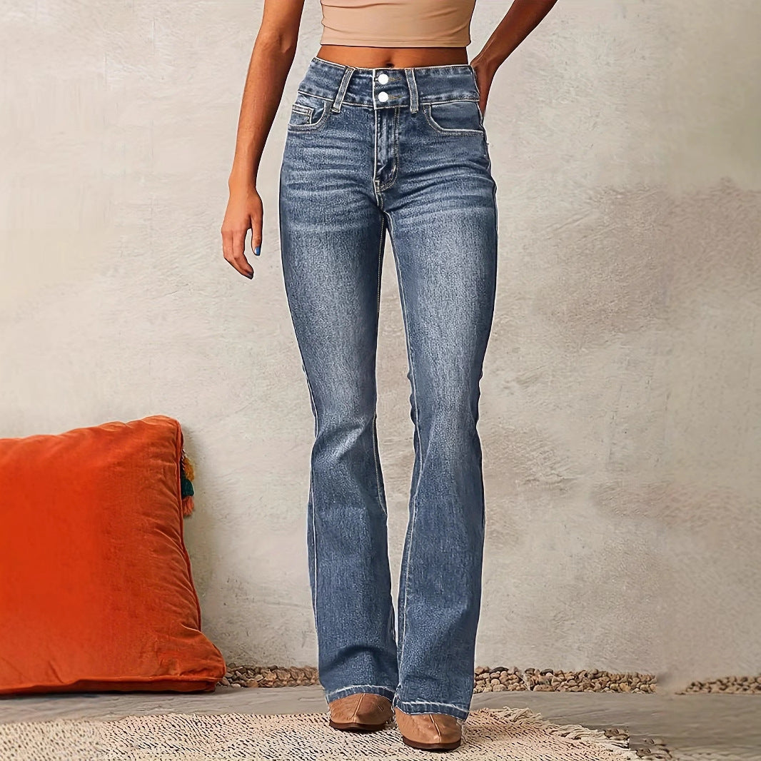 Jean évasé femme – Taille haute – Denim stretch – Coupe rétro – Longueur cheville