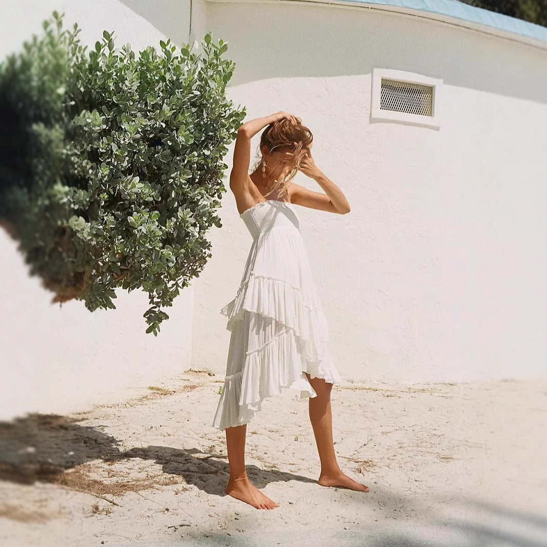 Robe femme sans bretelles – Coupe fluide – Jupe à volants superposés