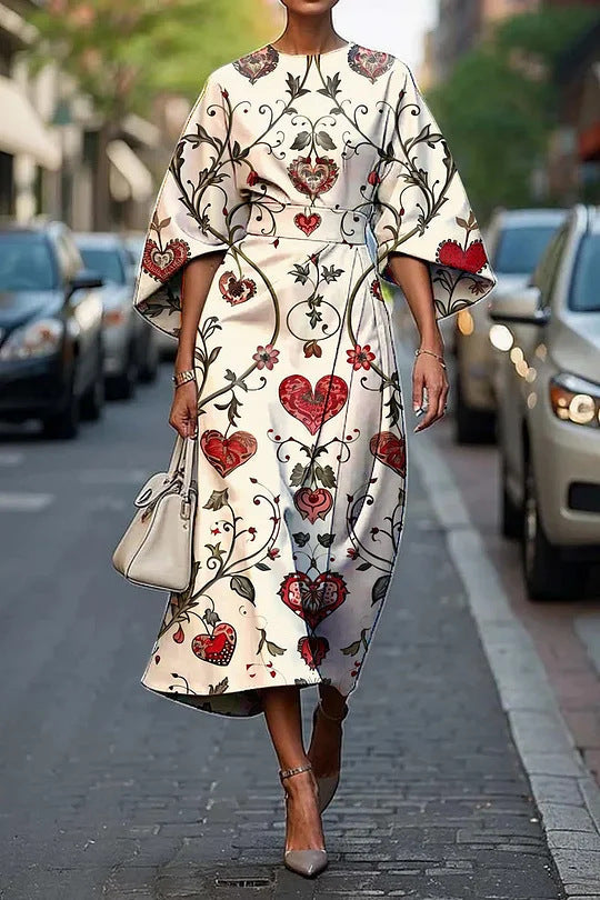 Robe midi femme – Tissu luxueux – Coupe évasée – Manches kimono – Imprimé floral