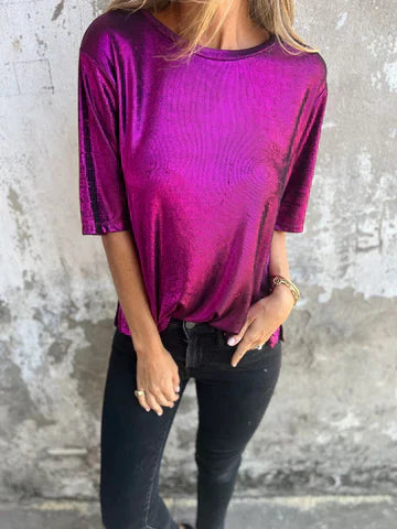 Women's blouse – Loose fit – Shimmering fluid fabric – Short sleeves – Round neck