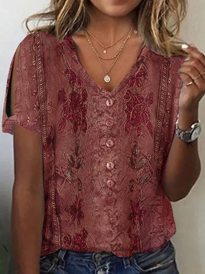 Women's blouse – Relaxed fit – Buttoned V-neck – Bohemian embroidery – Lightweight fabric
