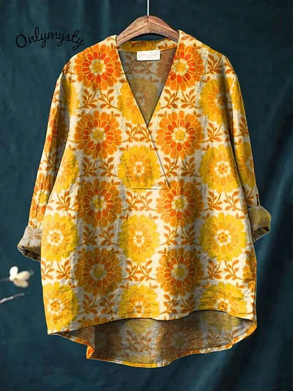Women's long-sleeve shirt – Relaxed fit – V-neck – Graphic print