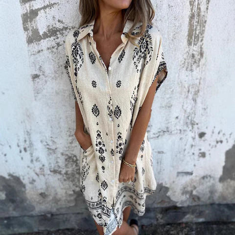 Women's shirt dress – Loose fit – Natural fibers – Boho print – Mini length