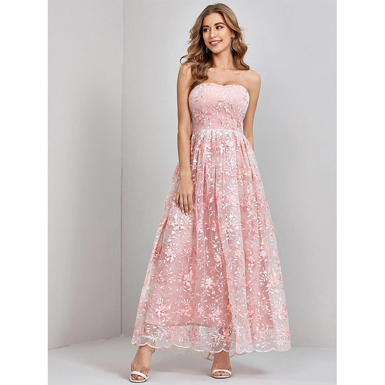 Women's evening dress – Strapless – Embroidered lace – Long flowing cut