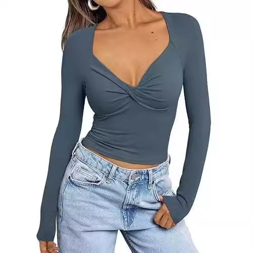 T-shirt femme col V – Coupe ajustée – Manches longues – Design twist court