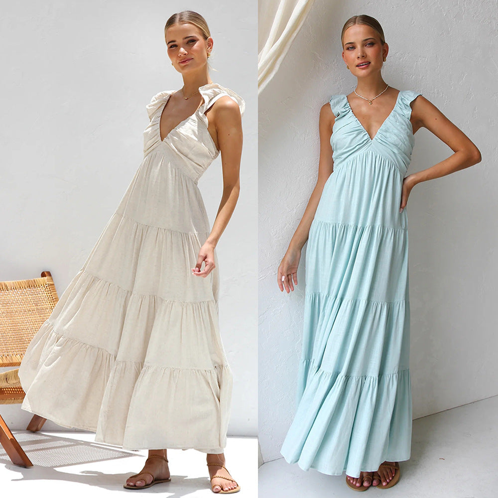 Women's long dress – Flowing cut – Ruffled straps – Breathable fabric – Ruffled skirt