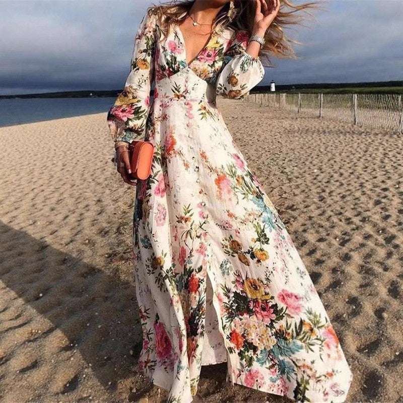 Women's long dress – Flared fluid cut – V-neck – Long sleeves – Breathable fabric