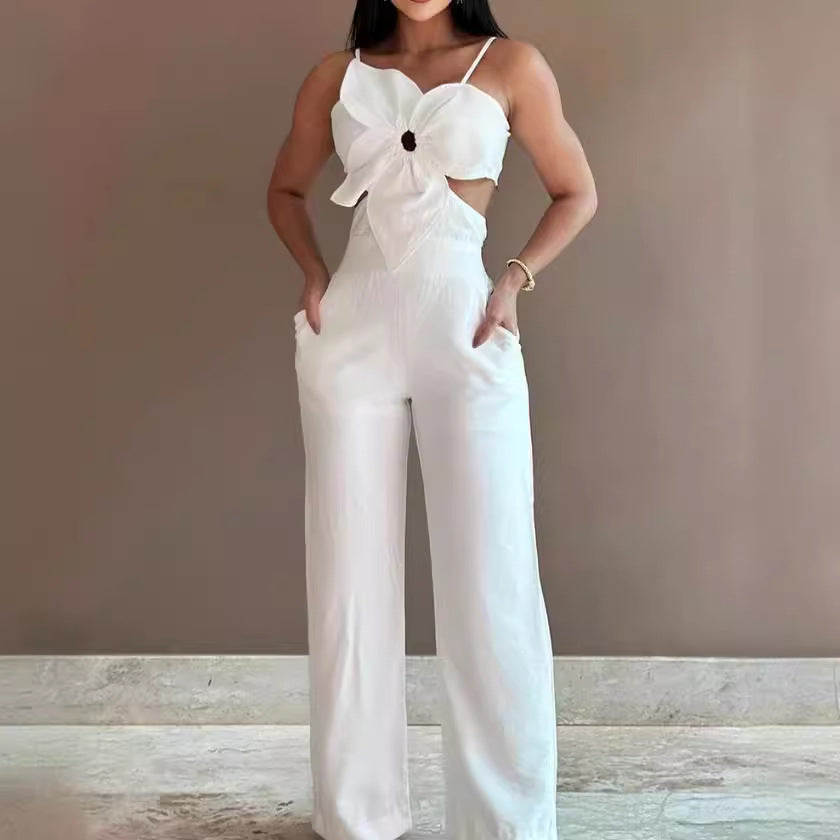 Women's Jumpsuit – Backless – Wide Legs – Thin Straps – Bow – Breathable Fabric