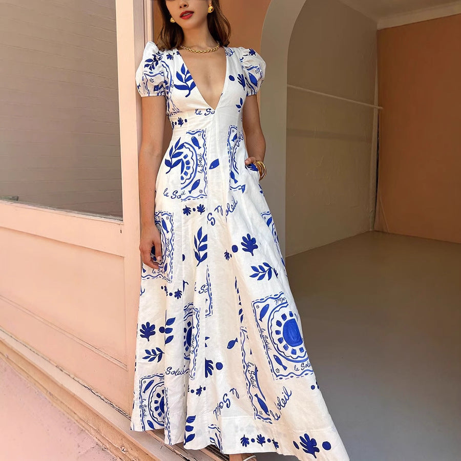 Robe longue femme – Encolure en V – Manches bouffantes – Jupe fluide imprimée