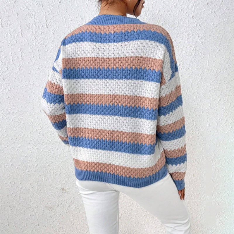 Pull femme – Coupe décontractée – Maille épaisse douce – Rayures – Col rond
