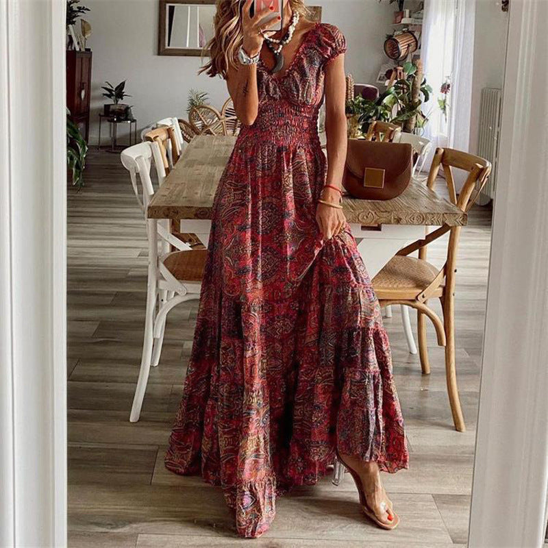Robe longue femme – Encolure V – Manches courtes – Taille smockée – Jupe à volants