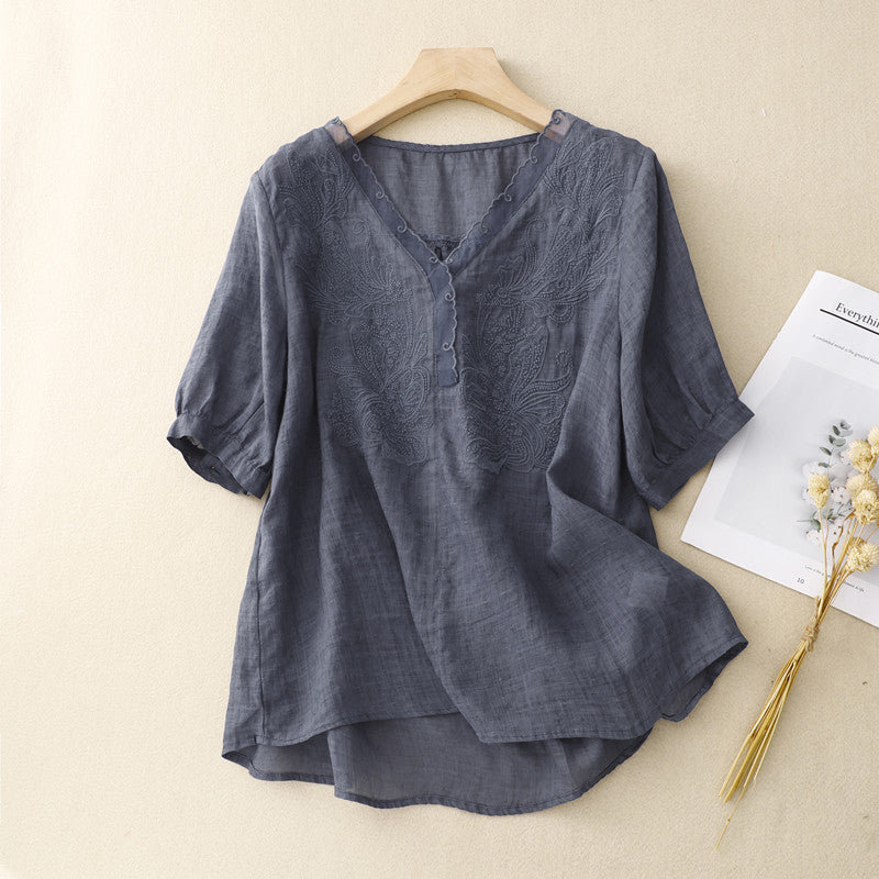 Chemise femme manches courtes – Coupe ample – Col V – Broderie élégante – Tissu respirant