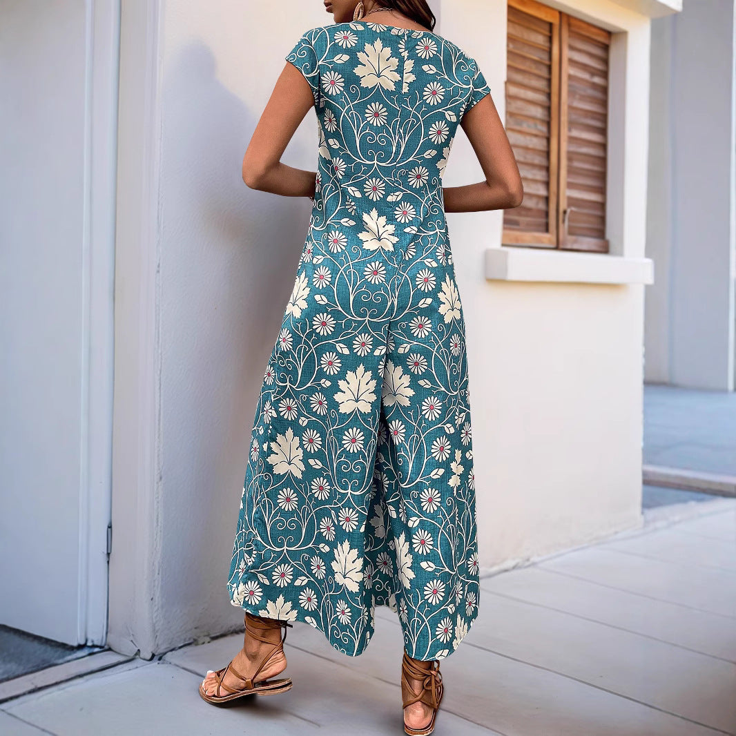 Women's jumpsuit – Relaxed fit – Wide legs – Short sleeves – Floral print