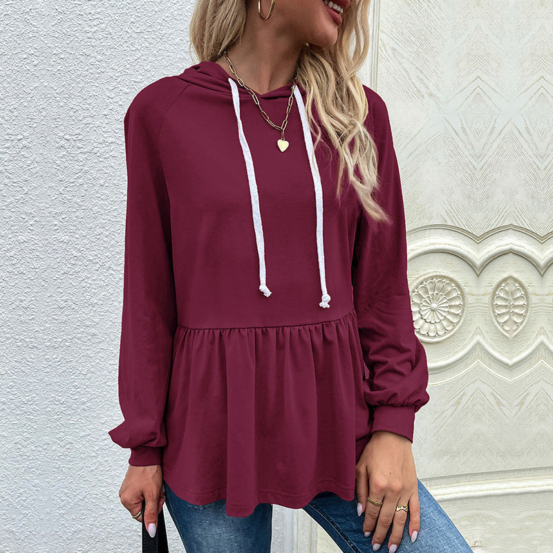 Women's Hoodie - Soft Knit - Relaxed Fit - Puff Sleeves - Ruffled Hem