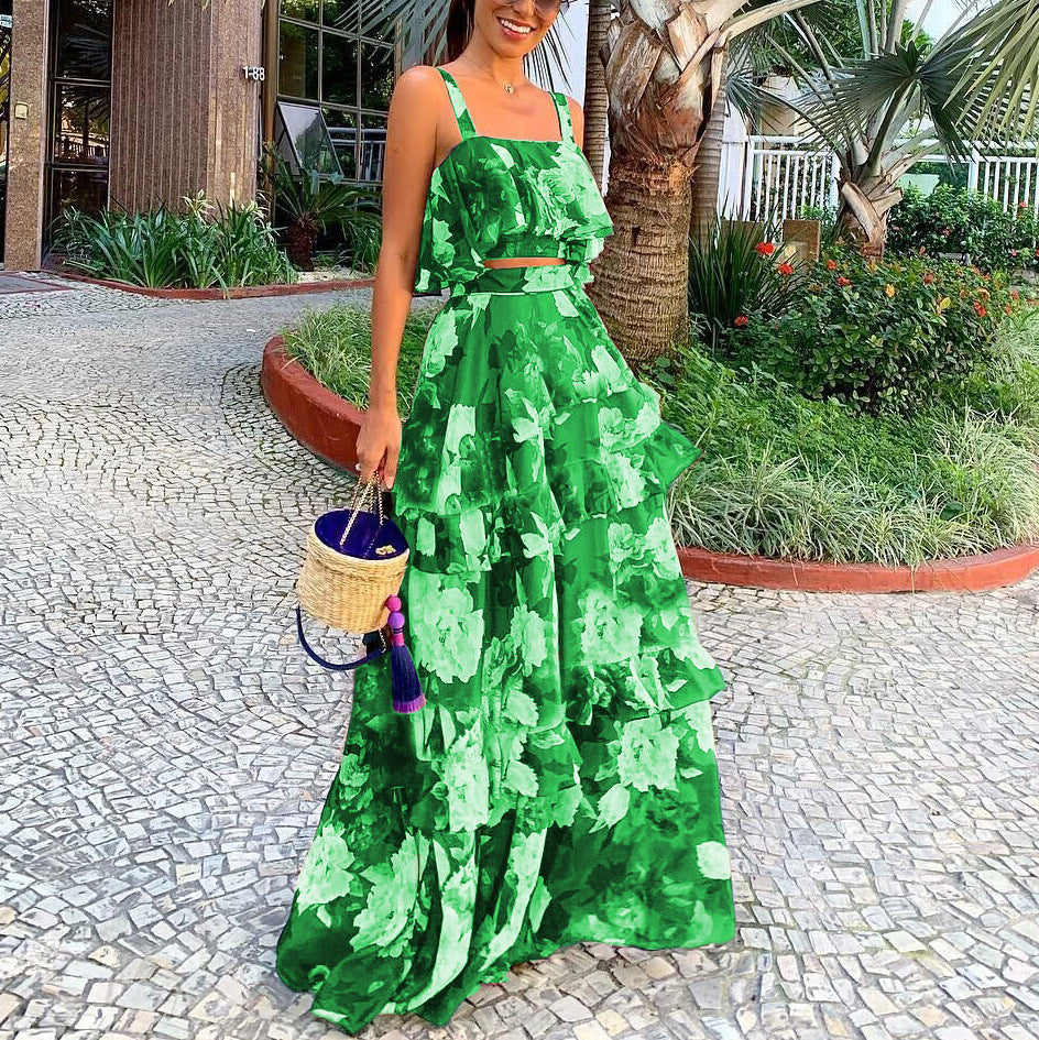 Women's Two-Piece Set – Flowy Cut – Top With Thin Straps – Long Skirt With Ruffles