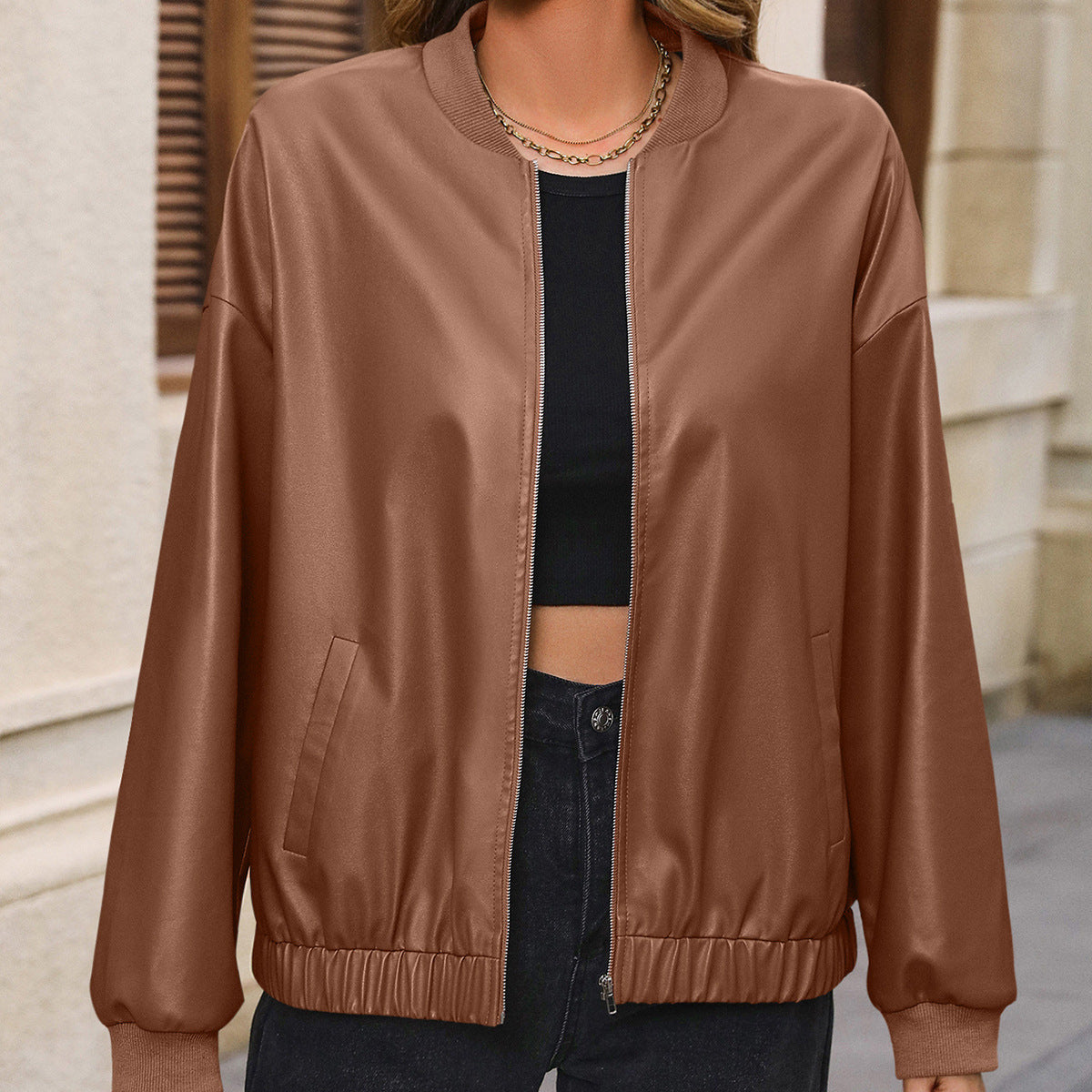 Veste biker femme – Coupe courte – Fermeture zippée – Finition côtelée – Coupe relax