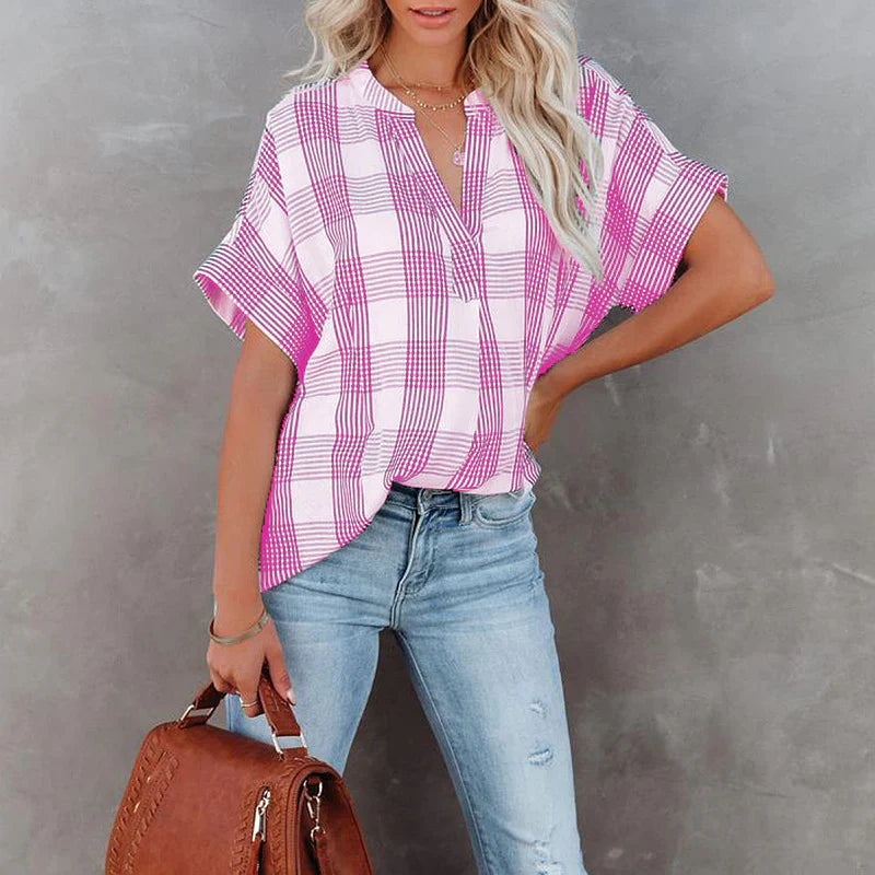 Women's blouse – Loose fit – Checkered pattern – Short sleeves – Lightweight cotton fabric