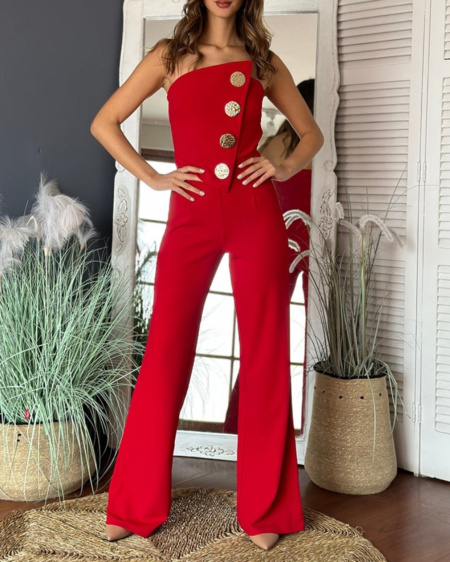 Women's jumpsuit – Asymmetric bustier top – Decorative buttons – Flared leg