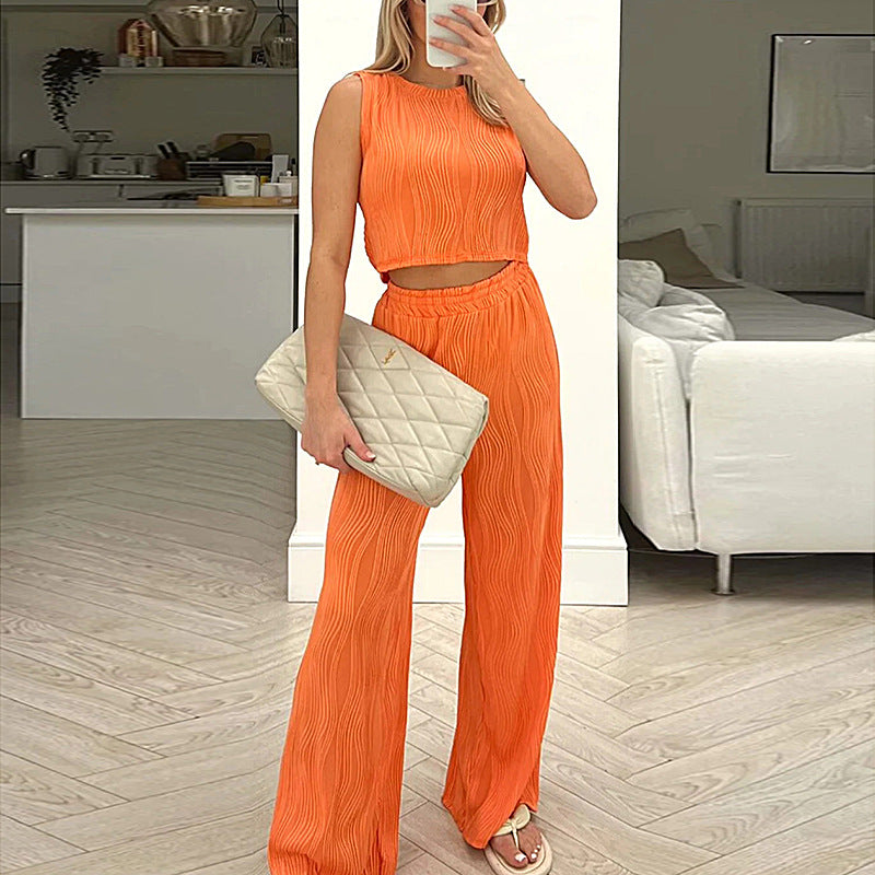 Women's Two-Piece Set – Fitted Sleeveless Crop Top – High-Waisted Straight-Leg Pants