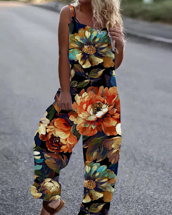 Women's jumpsuit – Loose fit – Wide legs – Floral print – Adjustable straps