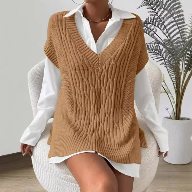 Gilet Sans Manches Femme – Coupe Oversize – Maille Douce – Col V Profond – Côtelé